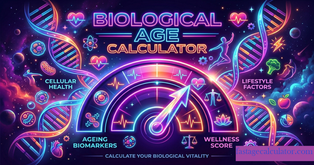 Biological Age Calculator illustration showing DNA, wellness icons, and abstract body shapes