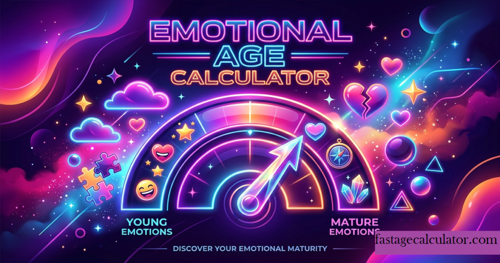 Emotional age calculator illustration showing colorful maturity scale with hearts and abstract symbols